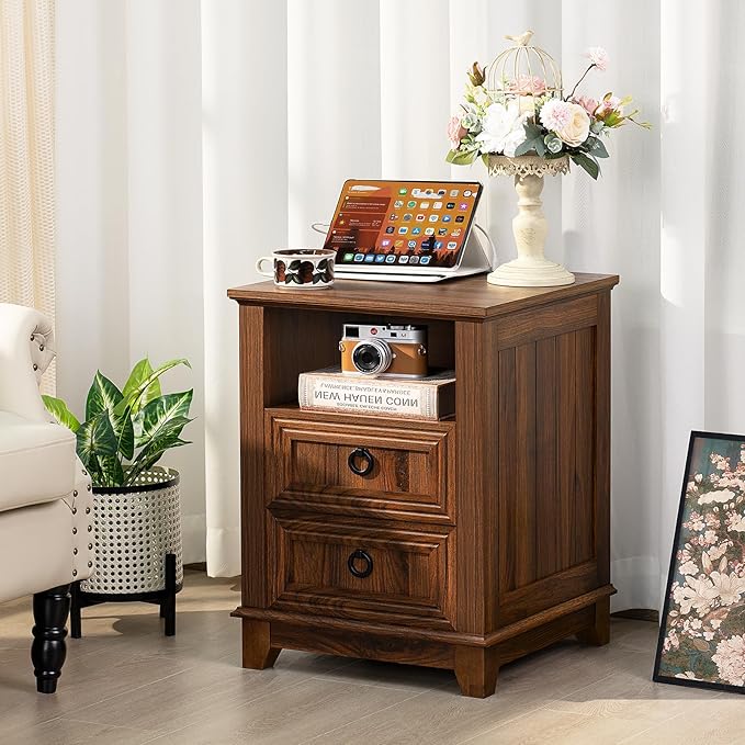 18" Farmhouse Night Stands Set of 2 with Charging Station, 2 Drawers End Table Dresser for Bedroom, Brown Wooden Nightstand, Bed Side Table with Open Shelf, Bedside Cabinet for Living Room-Ruum Studio Home