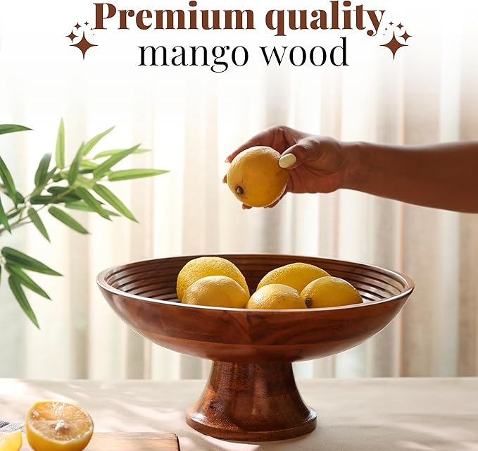 Folkulture Wooden Fruit Bowl for Kitchen Counter | 12" Large Premium Eco Friendly Banana Fruit Basket for Kitchen | Acacia Wood Bowl with Holder, Pedestal for Table Decor, Centerpiece for Dining Table-Ruum Studio Home