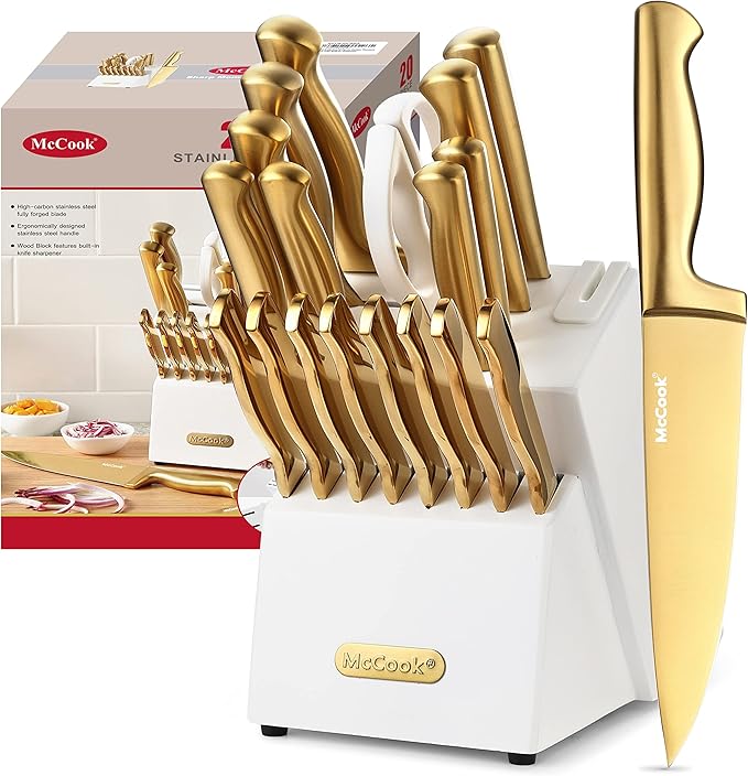 McCook® Kitchen Knife Sets, Golden Titanium Stainless Steel Knives Block Set with Built-in Sharpener-Ruum Studio Home