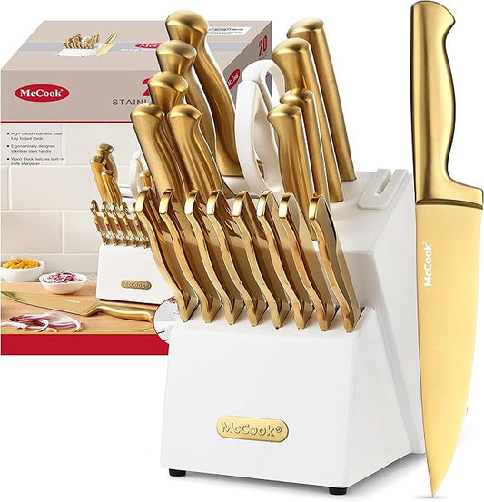 McCook® Kitchen Knife Sets, Golden Titanium Stainless Steel Knives Block Set with Built-in Sharpener-Ruum Studio Home