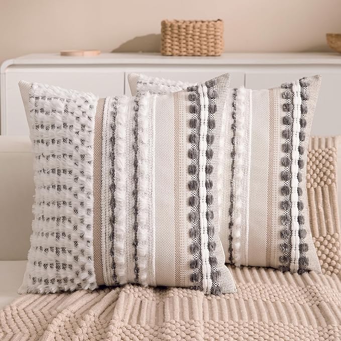 Boho Chenille Tufted Couch Throw Pillow Covers 18x18 Inch Set of 2 Farmhouse Striped Decorative Pillow Covers Accent Neutral Square Pillowcase Grey Cushion Covers for Livingroom Sofa Bed-Ruum Studio Home