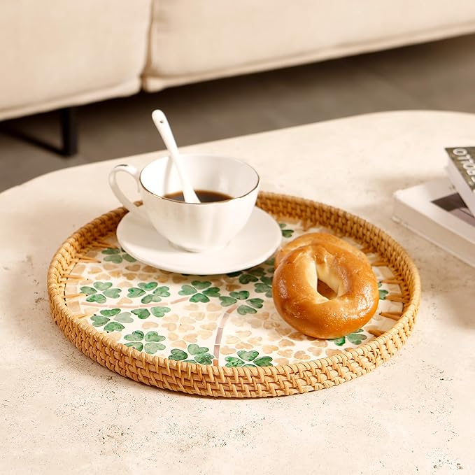 Round Rattan Tray with Mother of Pearl Inlay & Wooden Base - Decorative Wicker Serving Tray for Coffee/Bread/Fruits, Food Storage & Display - Multipurpose Home Decor (M,Four-Leaf Clover)-Ruum Studio Home
