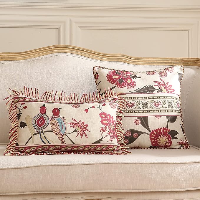 patdrea Designer Throw Pillow Covers Set of 4,Vintage Red Linen Pillowcases with Flower and Birds Pattern Pillows Cover for Couch,Farmhouse Decorative Cushion for Bed Living Room Outdoor Car-Ruum Studio Home