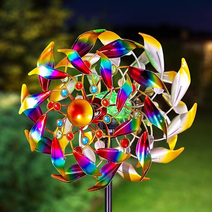 Solar Wind Spinners for Yard and Garden - 360° Metal Large Wind Sculptures Outdoor Clearance Kinetic Windmills with 4 Layer Jeweled Blades for Patio, Lawn Garden Decoration - 54Inch-Ruum Studio Home