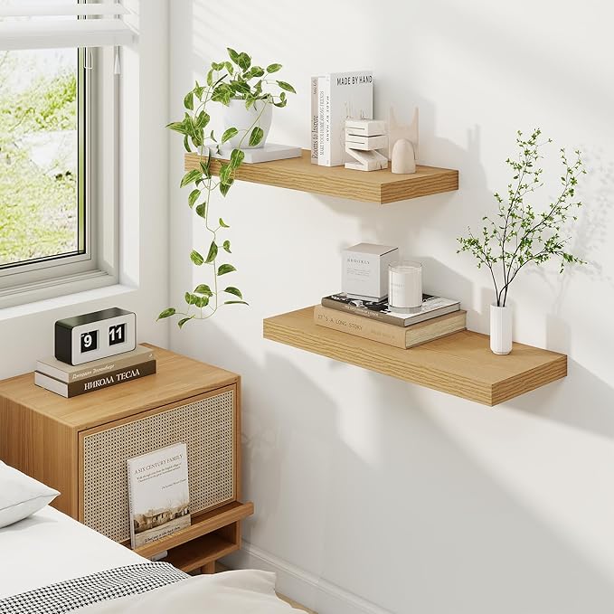 Fun Memories 24 Inch Floating Shelves for Wall, 9 Inch Deep Oak Rustic Wood Wall Mounted Shelves for Bathroom, Kitchen, Living Room, Set of 2-Ruum Studio Home