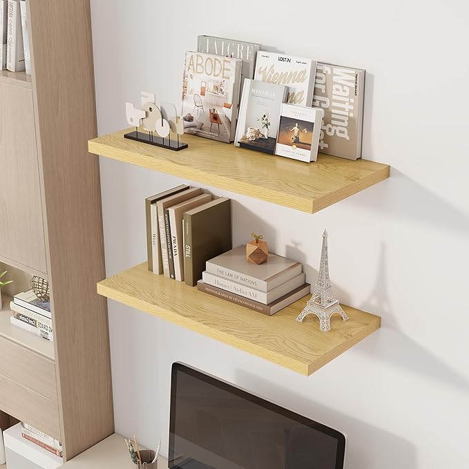 30" Floating Shelves for Wall, 12" Deep Slim Oak Floating Shelves, Wall-Mounted Shelves for Bedroom, Living Room, Kitchen, Bathroom - Set of 2-Ruum Studio Home