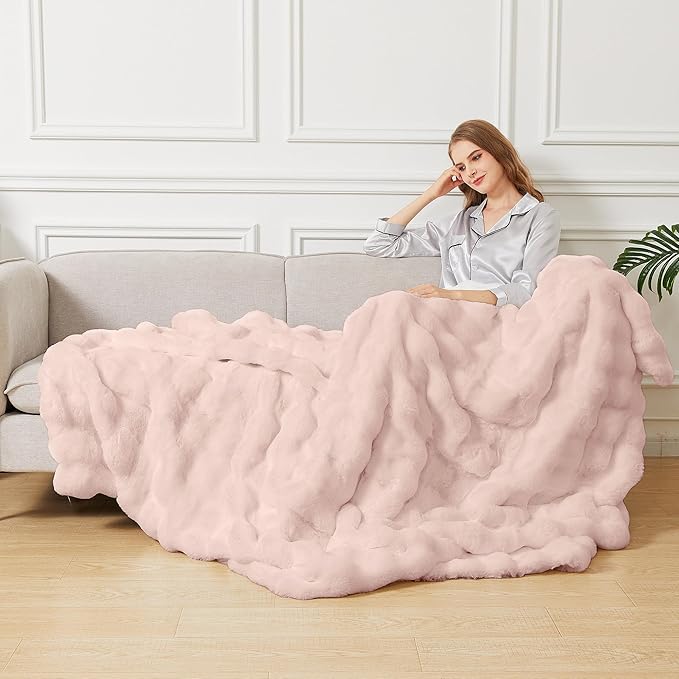 Pink Faux Fuzzy Fur King Size Throw Blanket 90x108 Cozy Furry Throw Rabbit Fur Blanket for Bed Soft Fluffy Blanket King for Living Room Bedroom Home Gifts 1000 GSM-Ruum Studio Home