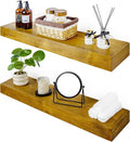 Floating Shelves 3 inch Thick for Wall Set of 2,Solid Pine Wood Wall Mount Shelf for Kitchen Living Room Bedroom Bathroom,8" D x 24" L x 3" H-Gold Oak-Ruum Studio Home