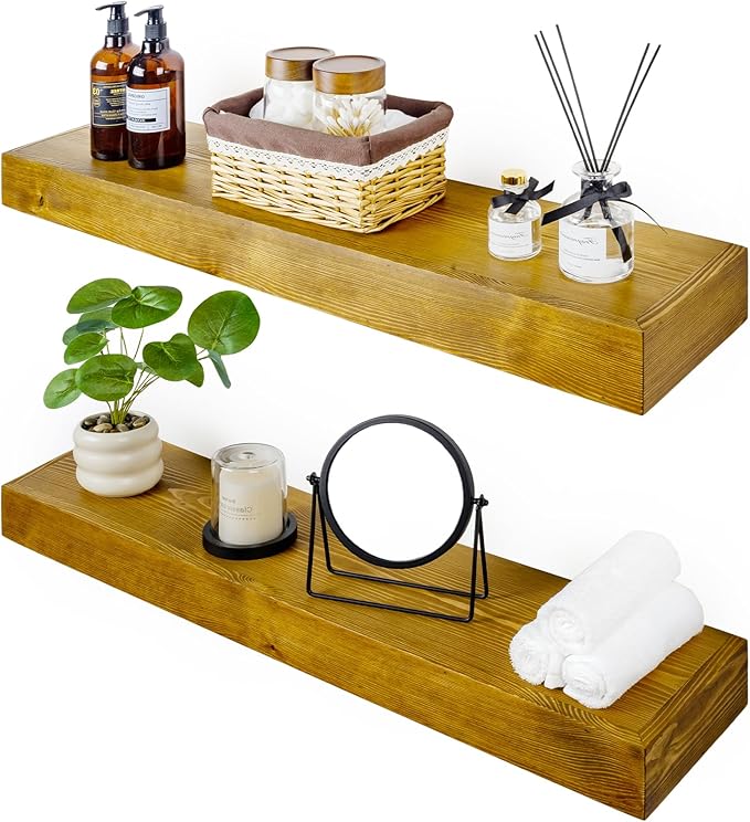Floating Shelves 3 inch Thick for Wall Set of 2,Solid Pine Wood Wall Mount Shelf for Kitchen Living Room Bedroom Bathroom,8" D x 24" L x 3" H-Gold Oak-Ruum Studio Home