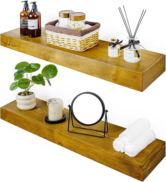 Floating Shelves 3 inch Thick for Wall Set of 2,Solid Pine Wood Wall Mount Shelf for Kitchen Living Room Bedroom Bathroom,8" D x 24" L x 3" H-Gold Oak-Ruum Studio Home