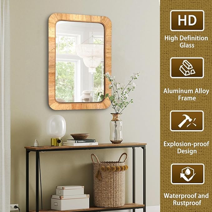24x36 inch Rattan Rectangular Mirror for Wall, Bohemia Bathroom/Farmhouse Boho Mirrors, Vanity Irragular Decorative Mirror, Suitable for, Nursery, Bedroom, Living Room, Home Decoration-Ruum Studio Home