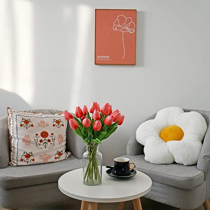 Mandy's Artificial Tulips 20 Stems Coral PU Faux Flowers for Wedding Home Decor 13.5 Inch-Ruum Studio Home
