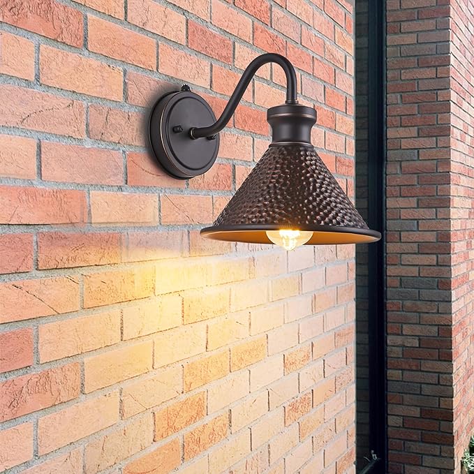 Dusk to Dawn Outdoor Gooseneck Wall Sconce with Dark Sky Cast Hammered Aluminum Shade in Oil Rubbed Bronze Finish,Anti-Rust Waterproof Outdoor Light for Farmhouse Porch Garage,1-Light E26-Ruum Studio Home