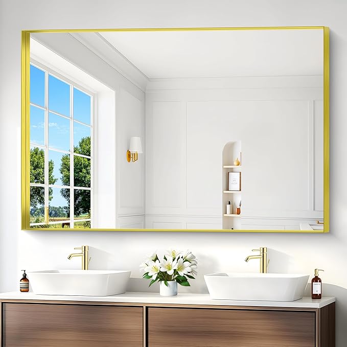 Gold Bathroom Mirror, 60x40 Inch Rectangular Framed Mirror, Large Wall Mounted Bathroom Vanity Mirror Over Sink for Bedroom,Restroom, Living Room, Hangs Vertically or Horizontally-Ruum Studio Home