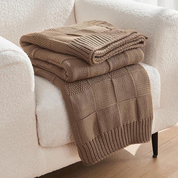 CozeCube Check Knit Throw Blanket, Light Brown Checkered Throw for Couch, Decorative Christmas Soft Cozy Warm Knitted Blanket for Bed Sofa Living Room, 50"X60"-Ruum Studio Home