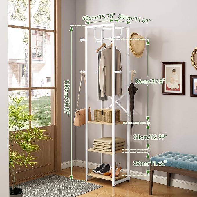 IBUYKE Coat Rack with Shelves, Freestanding Hall Tree with 3 Shelves and 8 Hooks, Industrial Clothes Stand for Entryway, Hallway, Bedroom, Natural UTMJ088R-Ruum Studio Home