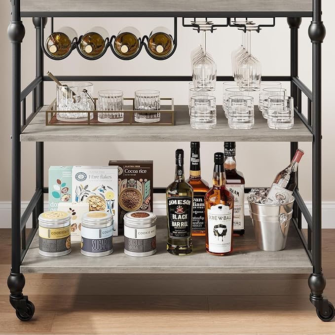 GarveeHome Bar Cart, Bar Carts for The Home, 3 Tier Serving Cart with Wheels, Home Bar & Serving Carts, Metal Rolling Cart with Wine Rack & Removable Tray for Kitchen, Dining Room, Living Room-Grey-Ruum Studio Home