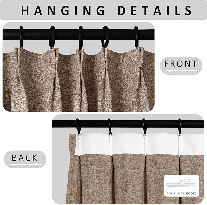 Macochico Pinch Pleated Blackout Curtains 102 Inches Long 100% Blackout Natural Linen Drapes for Bedroom Living Room Windows Farmhouse Burlap Curtains with Tieback 52”Wx102”L Taupe 1 Panel-Ruum Studio Home