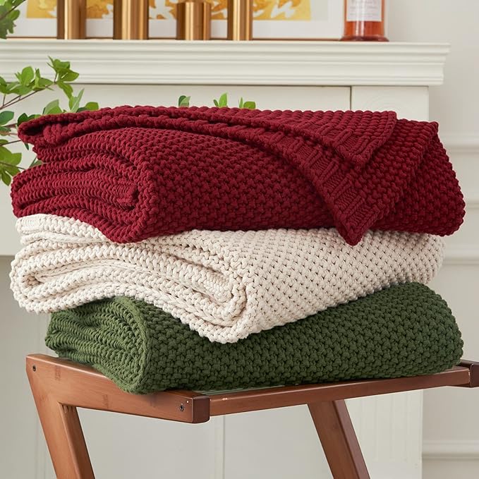Chunky Cable Knit Throw Blanket Lightweight Wine red 100% Organic Cotton Blanket for Sofa Couch Bed Baby Nursery, Rustic Shabby Chic Modern Farmhouse, 60” x 80” Give Laundering Bag-Ruum Studio Home