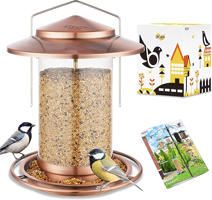 iBorn Bird Feeders for Outdoors Hanging,Metal Bird Feeders for Cardinal Chew Proof 18cm Large Roof&Tray Birdfeeders Outside Hanging,Brushed Copper 6 Port (Seed is not Included)-Ruum Studio Home