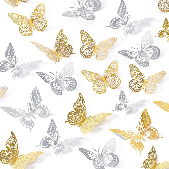 SAOROPEB 3D Butterfly Wall Decor 48 Pcs 4 Styles 3 Sizes, Butterfly Birthday Decorations Party Decorations Cake Decorations Wedding Decor, Removable Stickers (Gold, Silver)-Ruum Studio Home