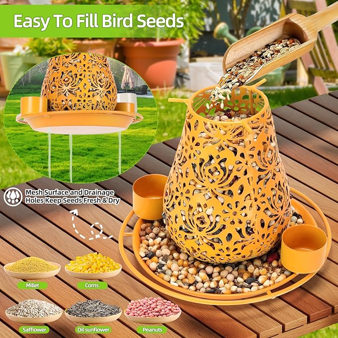 Mushroom Solar Bird Feeders for Outdoors Hanging Metal Wild Bird Feeder Garden Lantern with S Hook for Garden Decoration Orange-Ruum Studio Home
