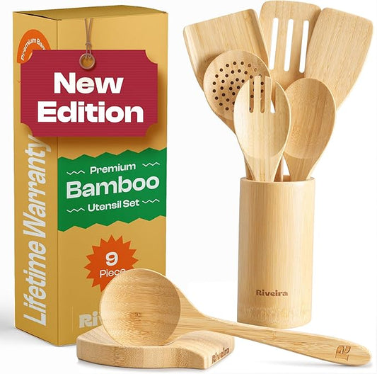 Riveira Natural Bamboo Wooden Cooking Utensils Set of 9 Premium Quality Non-Toxic Wooden Spoons and Spatulas for Cooking-Ruum Studio Home