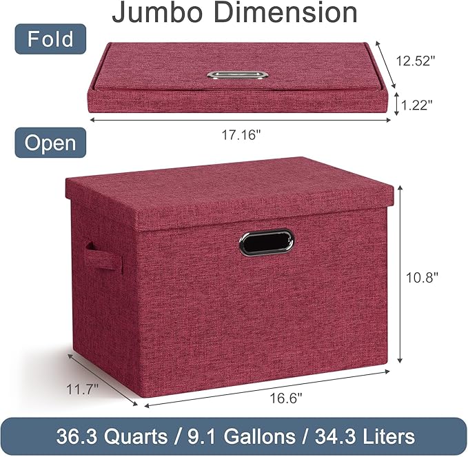 Large 17" 36 Quart Collapsible Stackable Storage Bins with Lids, 3 Packs Bright Red Linen Fabric Closet Boxes with Lids, Storage Cube Baskets Container Organizers for Office (17x12x11)-Ruum Studio Home