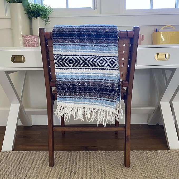 Del Mex Classic Mexican Blanket, Large Authentic Woven Falsa Throw (70"x50"), Artisan Southwest Décor for Beach, Yoga, Outdoors (Light Blue)-Ruum Studio Home