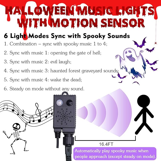 Rotu Halloween String Lights Outdoor with Music Sync Spooky Sounds 300 LED 114.8ft Indoor Fairy String Lights Waterproof Function for Halloween Party Haunted House Decorations (Purple & Orange)-Ruum Studio Home