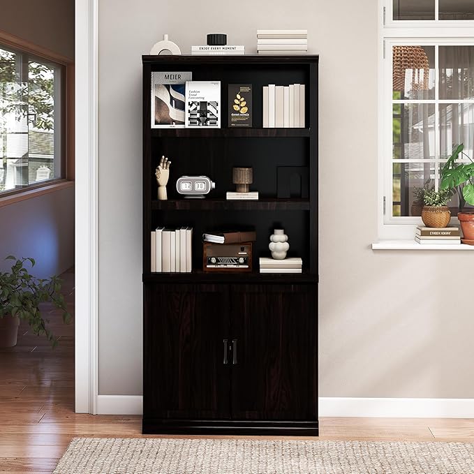 70 Inch Tall Bookcase with Doors, Library Office Bookshelf with Adjustable Shelves, Floor Standing Storage Cabinet for Bedroom Living Room Organizer with Anti Tipping Kit, Dark Cherry Finish-Ruum Studio Home