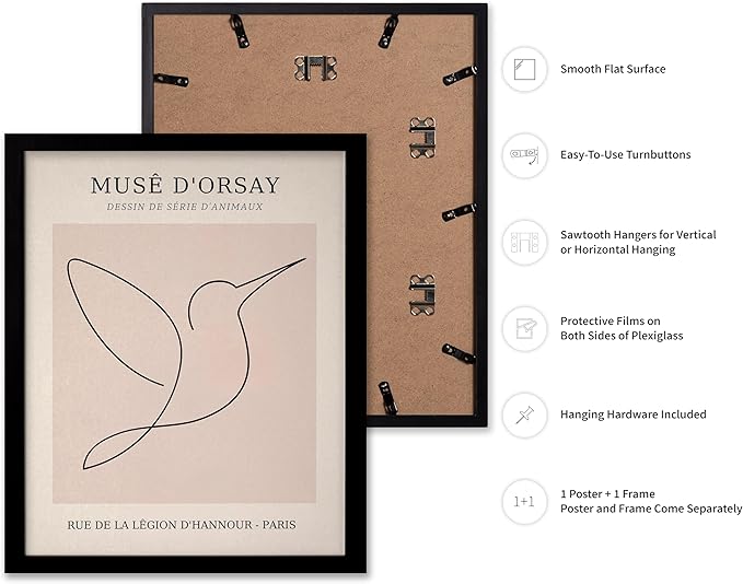 Poster Master Vintage Poster - Retro One Line Hummingbird Drawing Print - Bird Line Art - Minimal Gift for Him, Her, Animal Lover - Abstract Decor for Home, Office, 16x20 Black Framed-Ruum Studio Home