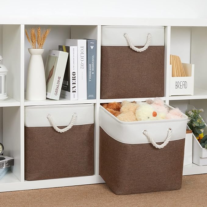 Bidtakay Collapsible Rustic Cube Storage - Brown Cloth Baskets with Handles, 13x13x13 Inch, Set of 3 Fabric Storage Bins-Ruum Studio Home