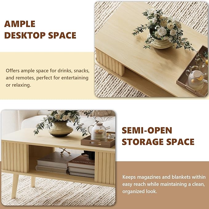 LAZZO Coffee Table with Storage Center Table for Living Room Rectangle Coffee Table with Rounded Edges,Easy Assembly, Natural Wood-Ruum Studio Home