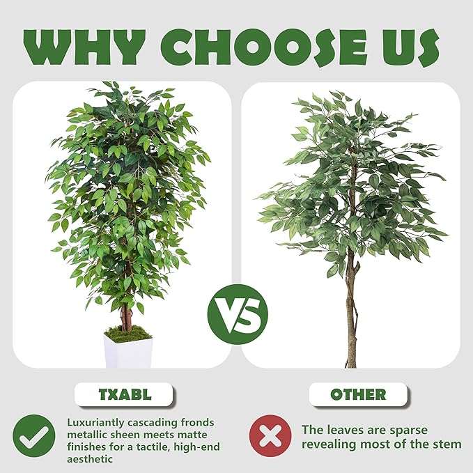 Artificial Ficus Tree 6FT Faux Floor Tree with Planter UV Resistant Potted Fake Silk Plant, Real Wood Trunk-Indoor Outdoor Lifelike Fake Ficus Tree for Home, Living Room Bedroom Topiary Tree-Ruum Studio Home