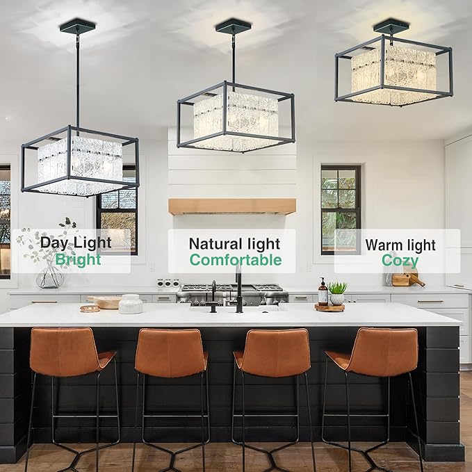 IKK Modern Foyer Chandelier, Black Crystal Chandelier for Dining Room, Square Entryway Light Fixture Hanging, Easily Adjustable Height Glass Chandeliers for Kitchen Island, Elegant Water Ripple-Ruum Studio Home
