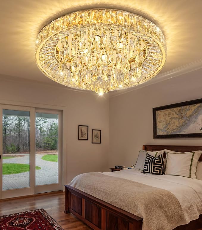 23.6'' Modern Crystal Chandeliers LED Dimmable Flush Mount Ceiling Chandeliers for Living Room Entrance Foyer Bedroom Gold-Ruum Studio Home