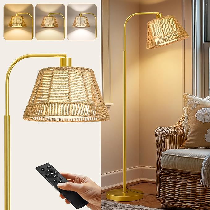 Oneach Arc Floor Lamp for Living Room with 3 Color Temperatures, Farmhouse Floor Lamps with Remote & Dimmable Bulb, Rattan Boho Floor Lamp with Hand-Woven Wicker & Fabric Shade-Ruum Studio Home
