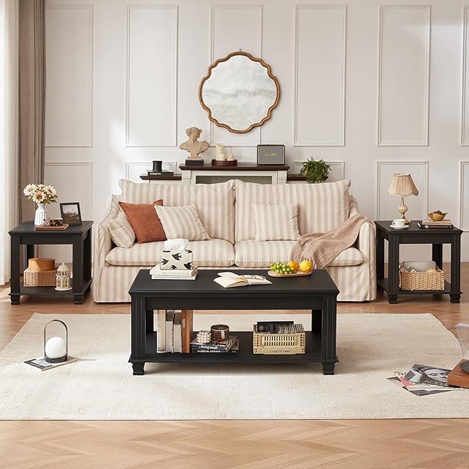 Farmhouse Coffee Tables for Living Room,Square Tea Table with Open Storage Shelf,Large Coffee Table,Rustic Wooden Center Table,Black-Ruum Studio Home