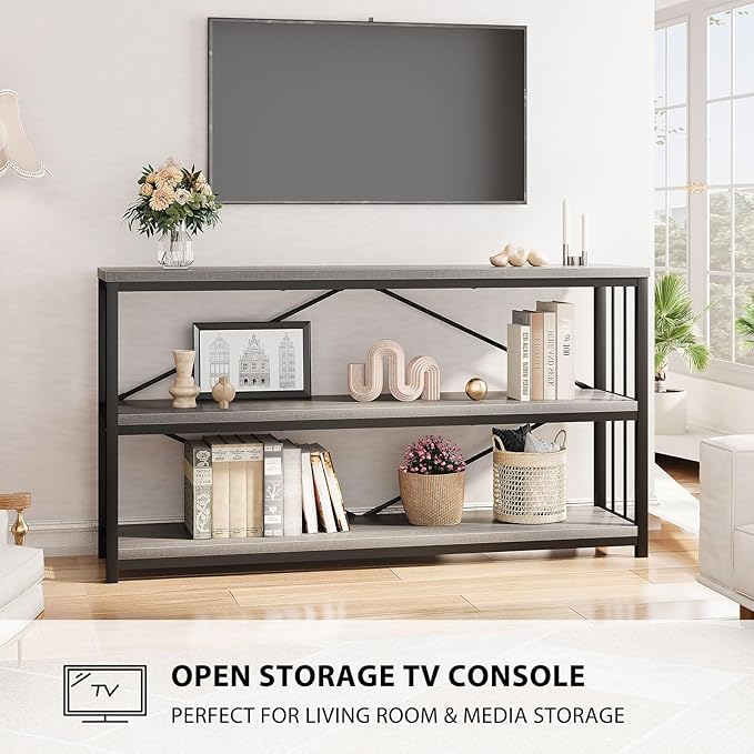 LVB Farmhouse Industrial Console Table, Wood Metal Foyer Entryway Sofa Tables with Storage, 3 Tier Long Rustic Entry Table TV Stand with Shelves for Home Living Room Hallway, Light Grey Oak, 55 Inch-Ruum Studio Home