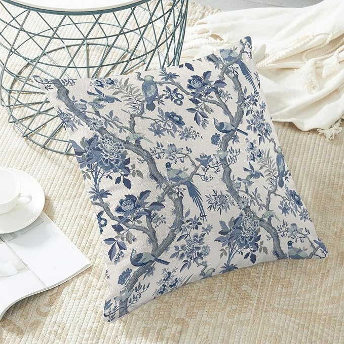 CXMEIFLY Spring Pillow Covers 18 x 18 Inch Set of 2 for Navy Blue Chinoiserie Flowers Bird Decor Throw Pillows Vintage Floral Plant Outdoor Decorative Cushion Cases for Couch Bed Decorations-Ruum Studio Home