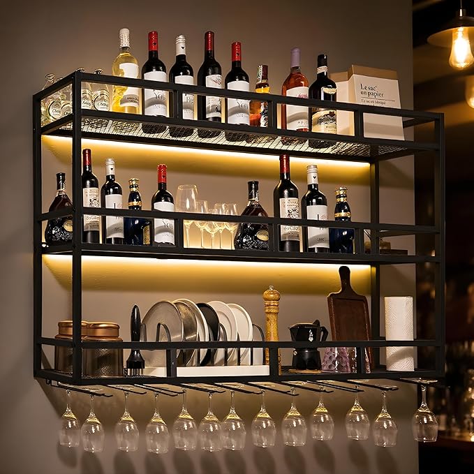 59" Large Wine Rack Wall Mounted with Bottle Glass Holder, 3-Tiers Metal Liquor Floating Shelves with LED Light, Wall Bar Shelf for Home, Restaurant, Commercial Bar, Kitchen Storage Display-Ruum Studio Home