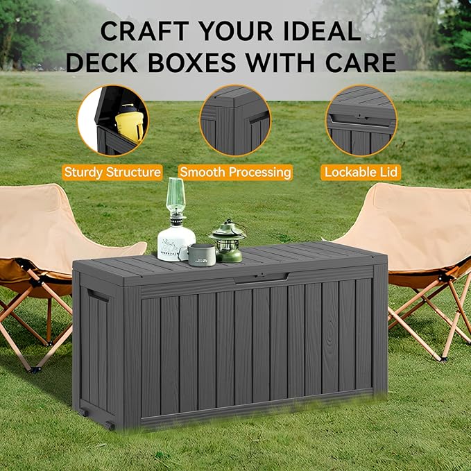 KAMABOKO Deck Box, 75 Gallon Resin Indoor and Outdoor Storage Boxes Waterproof for Garden Tools, Pool Accessories Storage Bench, Patio Furniture and Cushions with Lockable Lid, Black-Ruum Studio Home