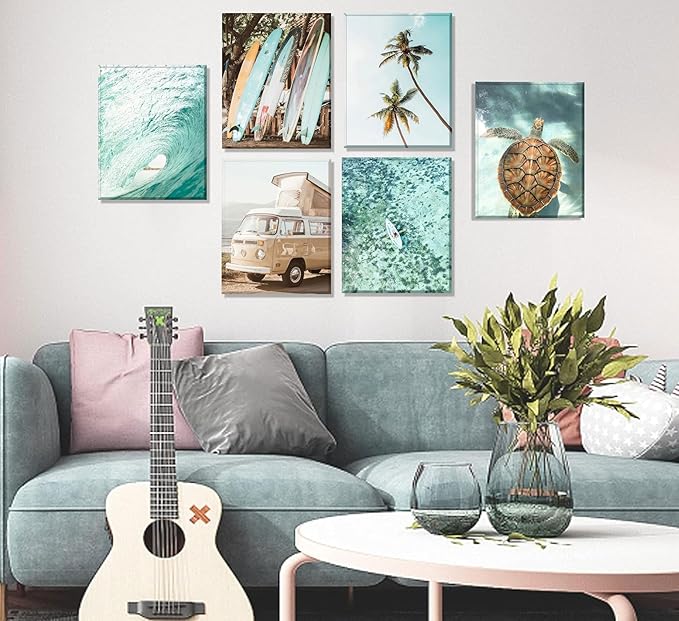 Set of 6 Tropical Beach Canvas Wall Art Surf Poster Summer Ocean Coastal Pictures Turtle Print Palm Tree Surfboard Gallery Paintings Nautical Bus Wall Decor for Bedroom Bathroom Framed-Ruum Studio Home