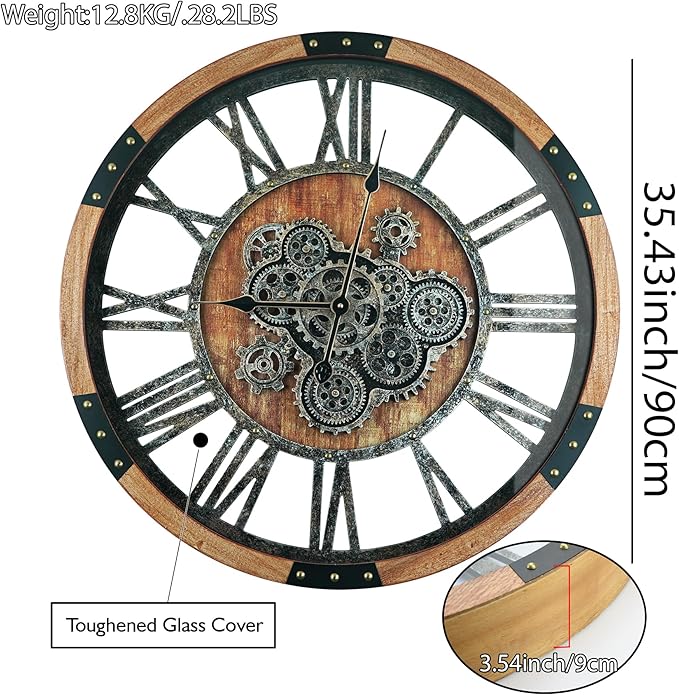 DORBOKER 36'' Large Wall Clock Real Moving Gears Oversized Industrial Solid Wood Rusic Farmhouse Clocks for Living Room Wall Decor Home Office, 36 inch 90cm, Brown and Vintage Bronze-Ruum Studio Home