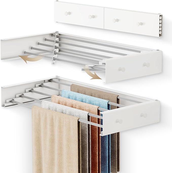 Upgrade Wall Mounted Clothes Drying Rack, 31.5 Inch, Foldable, Collapsible, Retractable, White-Ruum Studio Home