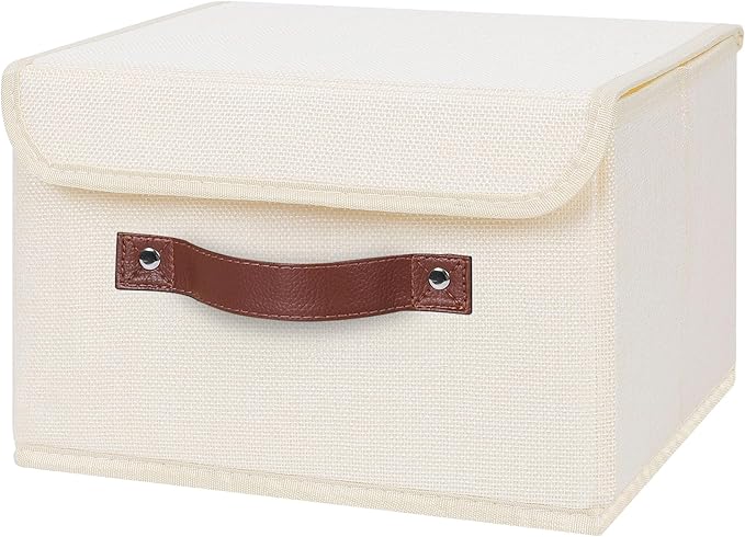 ANMINY Storage Bin with Lid Storage Boxes with PU Leather Handles PP Plastic Board Decorative Foldable Lidded Cotton Linen Fabric Home Cubes Baskets Closet Organizer Container - Beige, Small Size-Ruum Studio Home