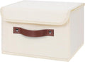 ANMINY Storage Bin with Lid Storage Boxes with PU Leather Handles PP Plastic Board Decorative Foldable Lidded Cotton Linen Fabric Home Cubes Baskets Closet Organizer Container - Beige, Small Size-Ruum Studio Home