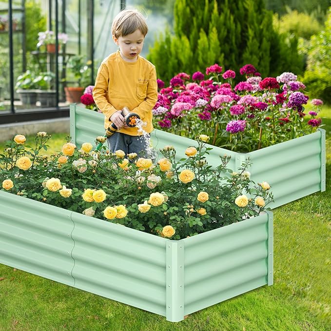 Galvanized Raised Garden Bed Outdoor, 2 Pcs 6x3x1FT Outdoor Large Planter Raised Beds Open Base with Safety Edge and Glove for Vegetables Flowers Ground Planter, Green-Ruum Studio Home