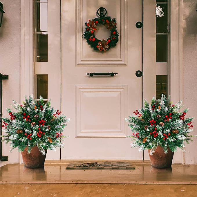 2 Pack Lighted Artificial Christmas Urn Filler, Battery Operated Pre-lit Xmas Pine Trees, Tripod Stake and 60 LED Lights, Holiday Porch Decorations for Porch, Yard, Garden, Flower Beds（Multicolor）-Ruum Studio Home